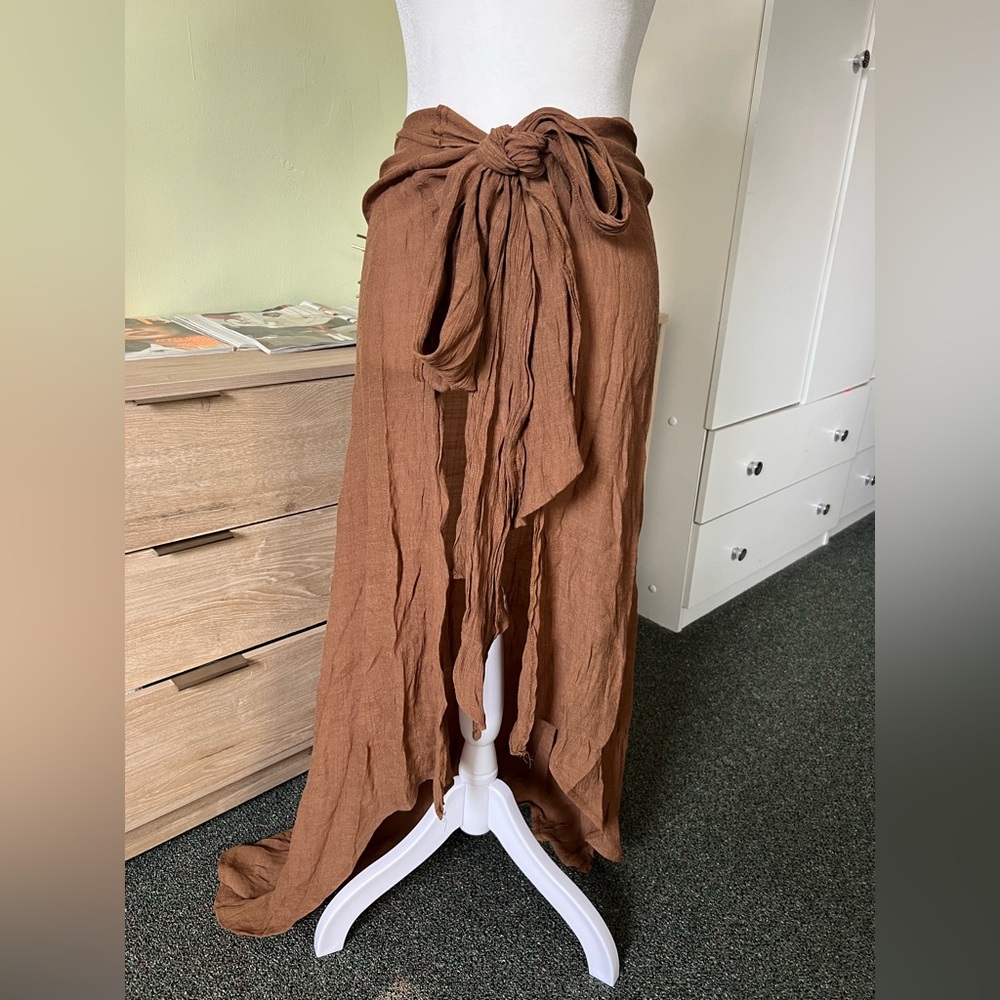 Light Brown Asymmetrica Flowy Airy Sheer Multi-Way Wrap Ribbon Tie-Up Maxi Skirt